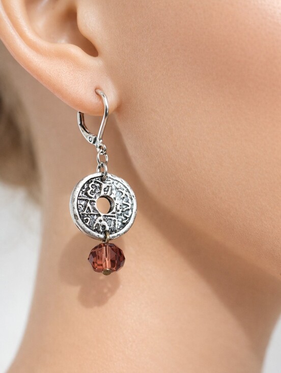 Premier Designs Jewelry - Silver Tribal Earrings with Brown Faceted Crystal Drops – Boho Statement Jewelry